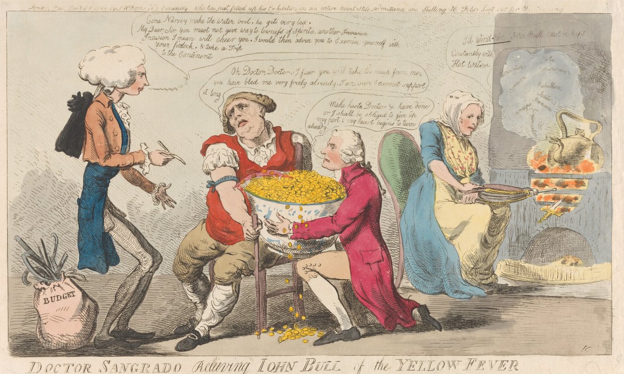 Doktor Sangrado befreit John Bull vom Gelbfieber tekijältä Isaac Cruikshank