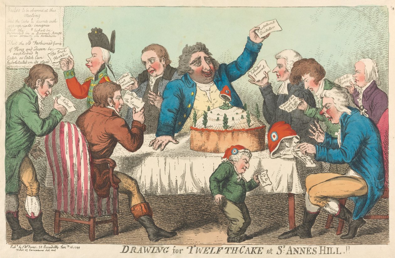 Zeichnung für den Zwölften-Kuchen in St. Annes Hill tekijältä Isaac Cruikshank