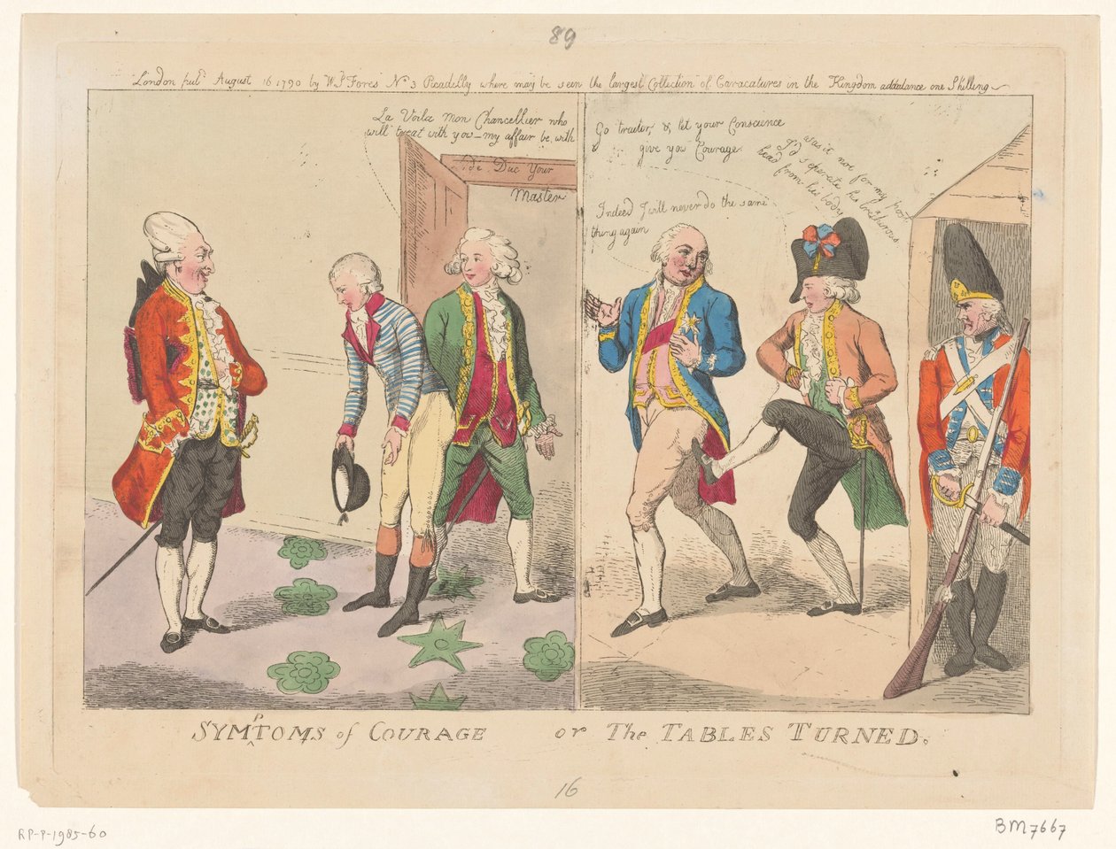 De Voglasin ja Orléansin herttuan välinen kunniajuttu, 1790 Rohkeuden oireet tai Käännetyt pöydät (otsikko esineessä) tekijältä Isaac Cruikshank