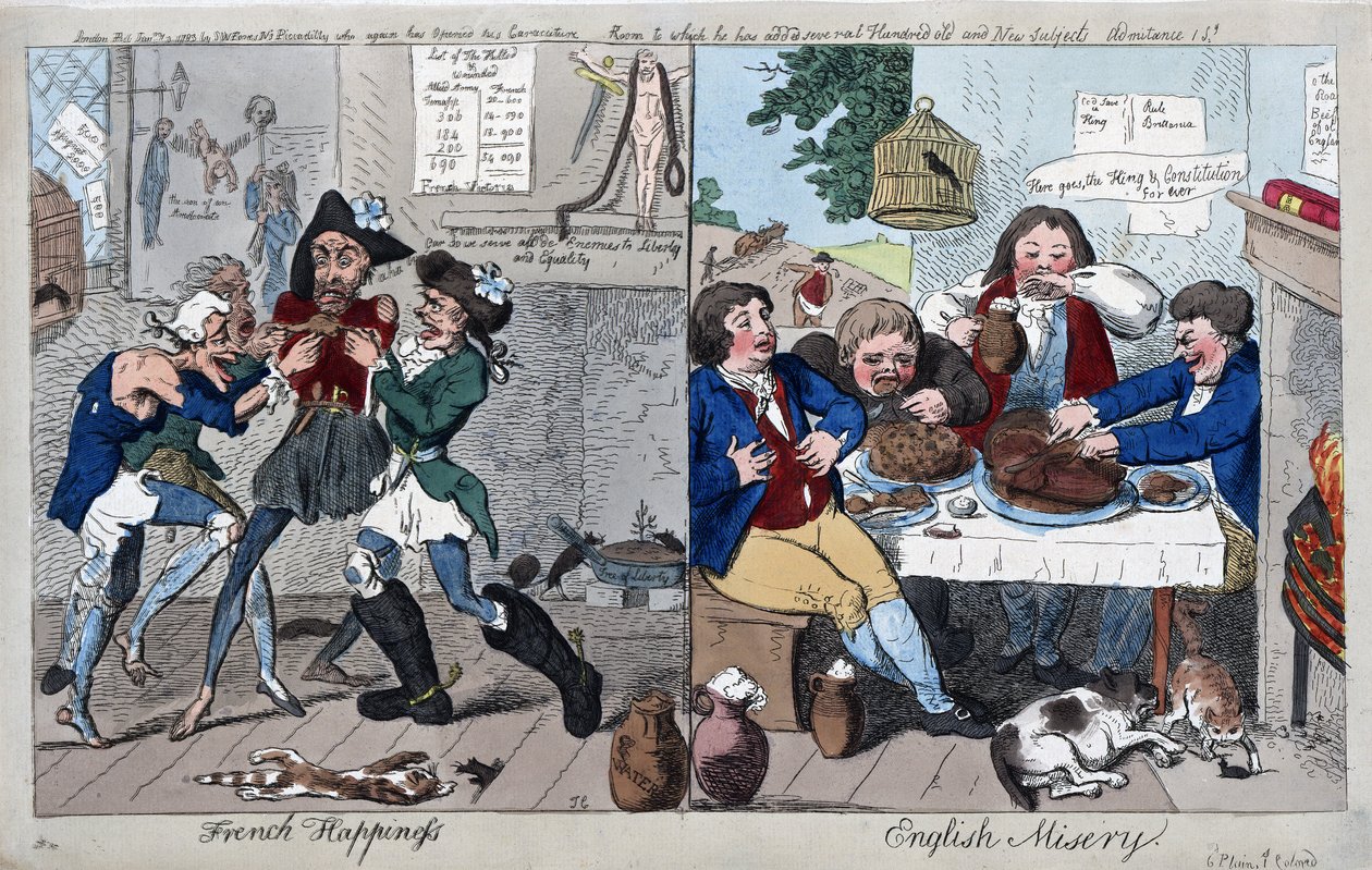 French Happiness: English Misery, pub. 1793 (käsinvärinen kaiverrus) tekijältä Isaac Cruikshank