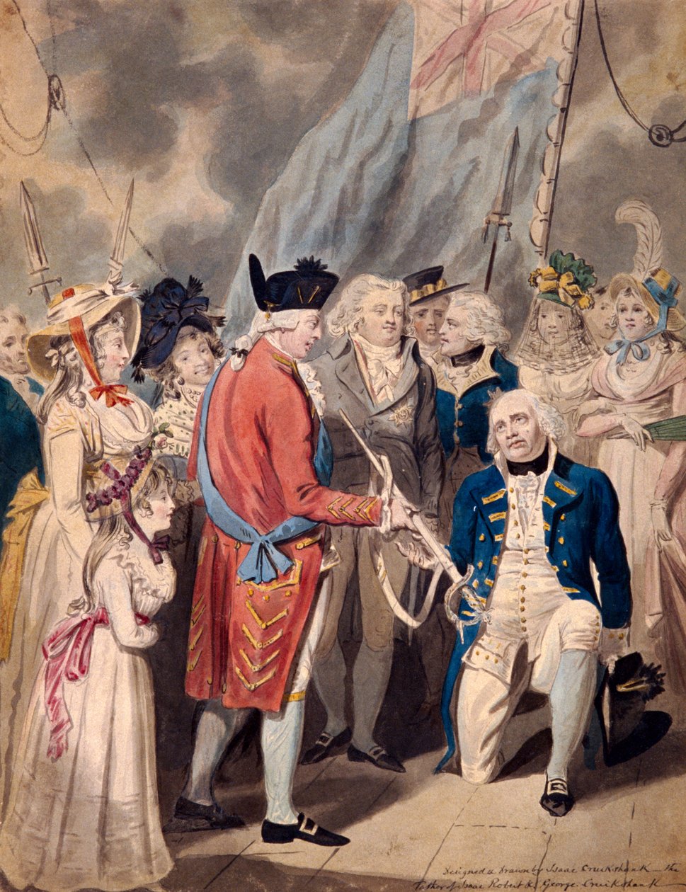 "George III esittelee miekan amiraali Earl Howelle", c1794 tekijältä Isaac Cruikshank