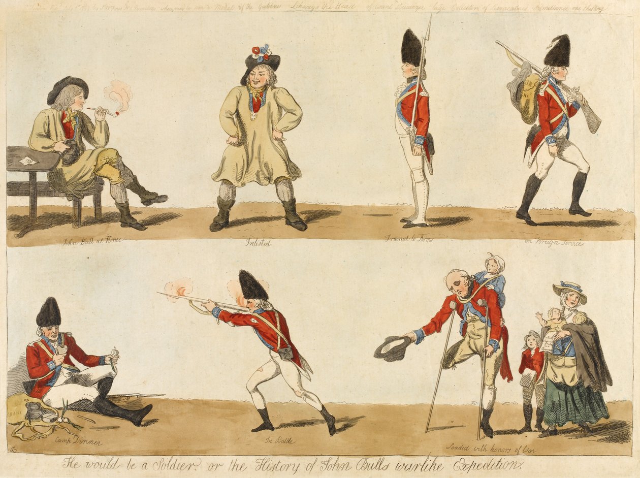 Hänestä tulisi sotilas? tai John Bullsin sotaretken historia, 1793 (värillinen etsaus). tekijältä Isaac Cruikshank