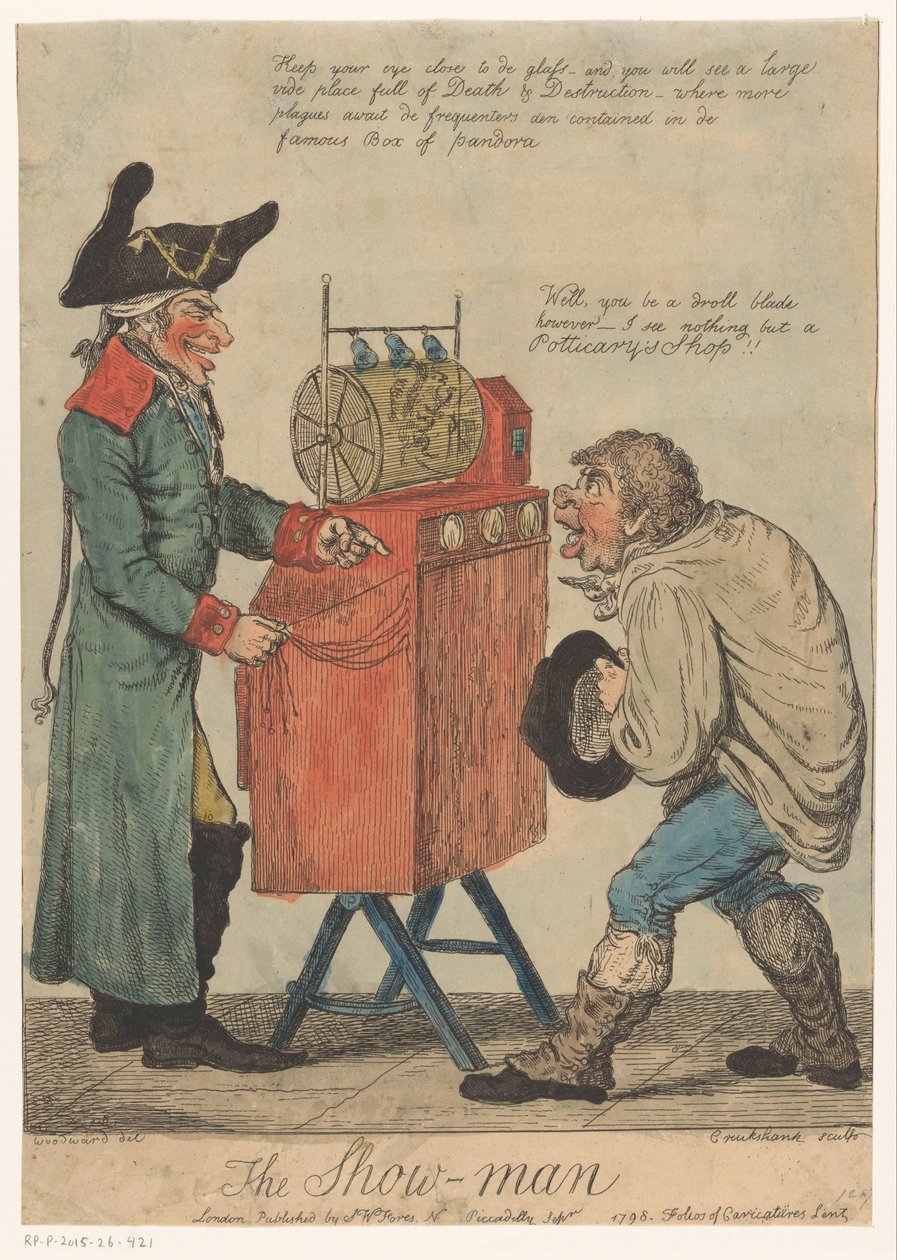 Mies katselukaapin kanssa The Show Man (otsikko esineessä) tekijältä Isaac Cruikshank