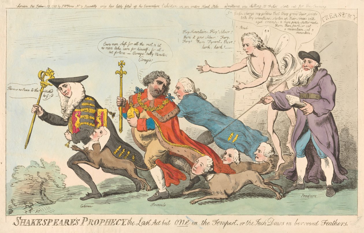 Shakespeares Prophezeiung, der letzte Akt von einem in Der Sturm, oder die Dohle in geliehenen Federn (aus: Karikatur, Bd. 3) tekijältä Isaac Cruikshank