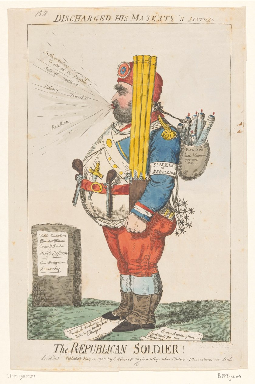 Spotprent, Charles James Fox, 1798 Republikaanien sotilas! (otsikko esineessä) tekijältä Isaac Cruikshank