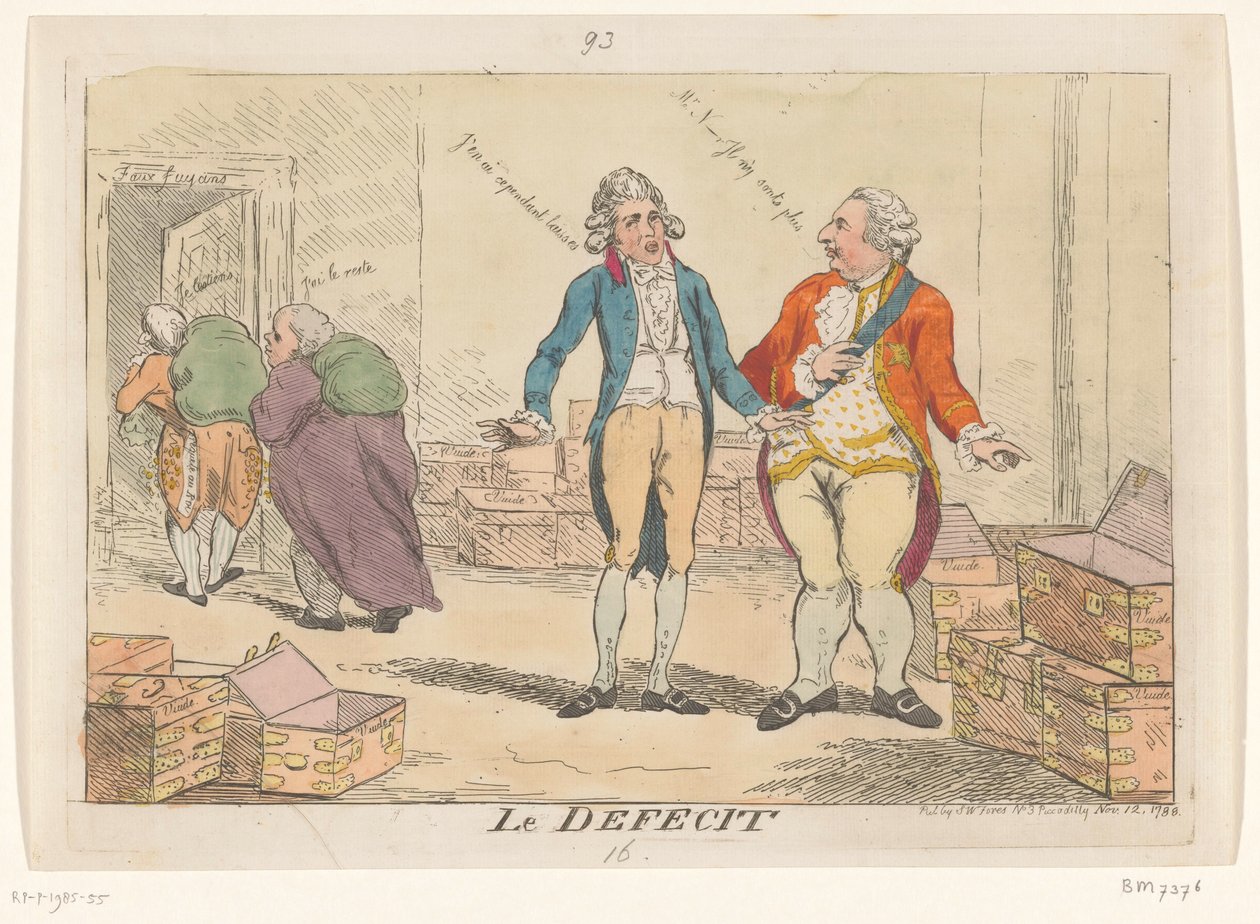 Sarjakuva Ranskan finanssikriisistä, 1788 Le Defecit (otsikko esineessä) tekijältä Isaac Cruikshank