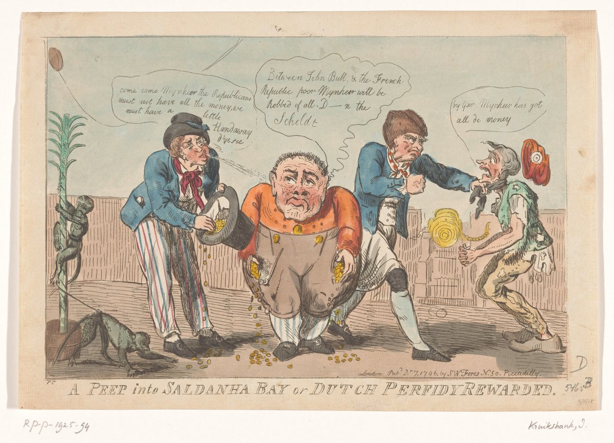 Sarjakuva, joka kuvaa Batavian laivaston antautumista Saldanhan lahdella, 1796 Kurkistus Saldanhan lahdelle tai hollantilainen Perfidy Rewarded (otsikko esineessä) tekijältä Isaac Cruikshank