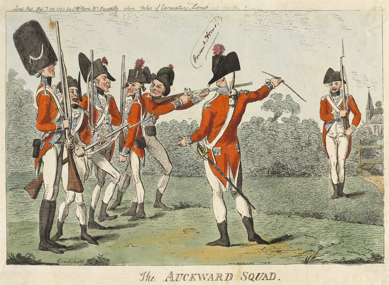 The Auckward Squad, 1793 (värillinen etsaus) tekijältä Isaac Cruikshank