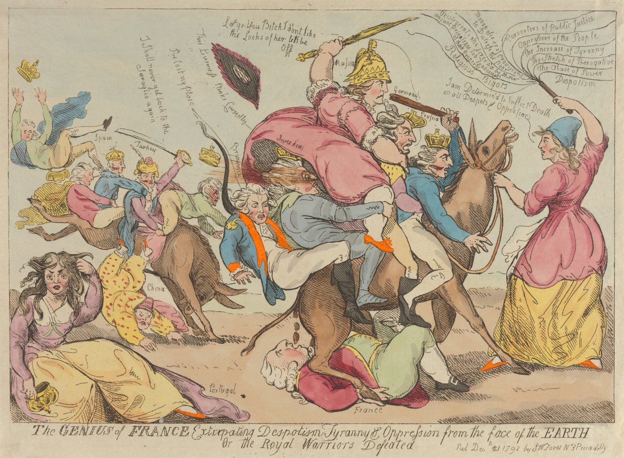 Der Genius Frankreichs, der Despotismus, Tyrannei und Unterdrückung von der Erde vertreibt tekijältä Isaac Cruikshank