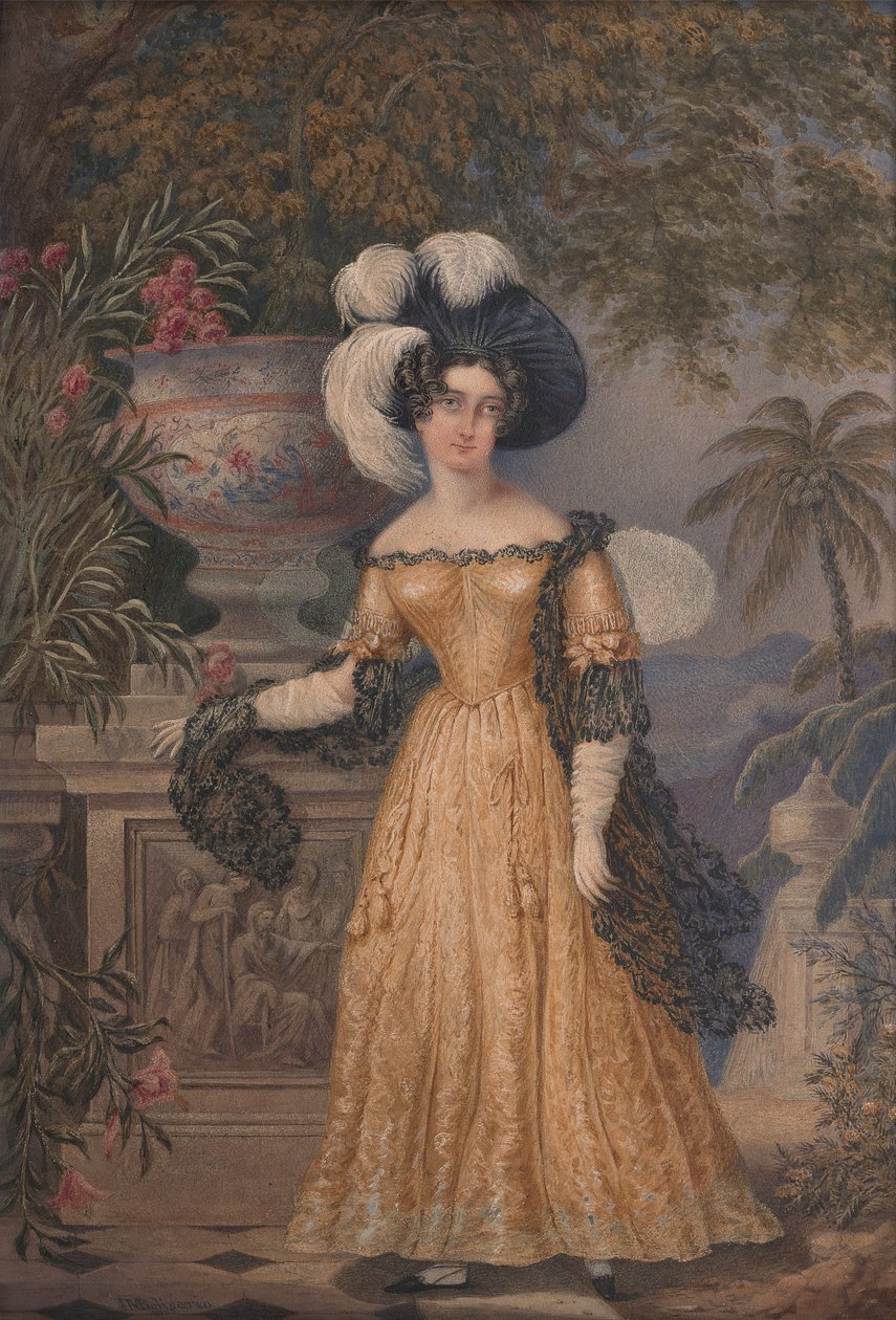 Lady Rowe, seisoo pieni täyspitkä terassilla, kuunvalossa Jamaikan maisema takana tekijältä Isaac Mendes Belisario