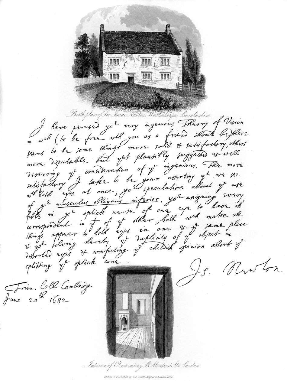 Kirje Isaac Newtonilta ja näkymä hänen syntymäpaikastaan Woolsthorpessa, Lincolnshiressä, 1682, 1840. tekijältä Isaac Newton