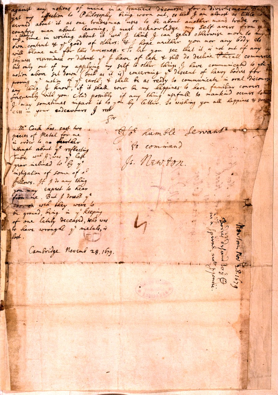 Isaac Newtonin kirje, 28. marraskuuta 1679 tekijältä Isaac Newton