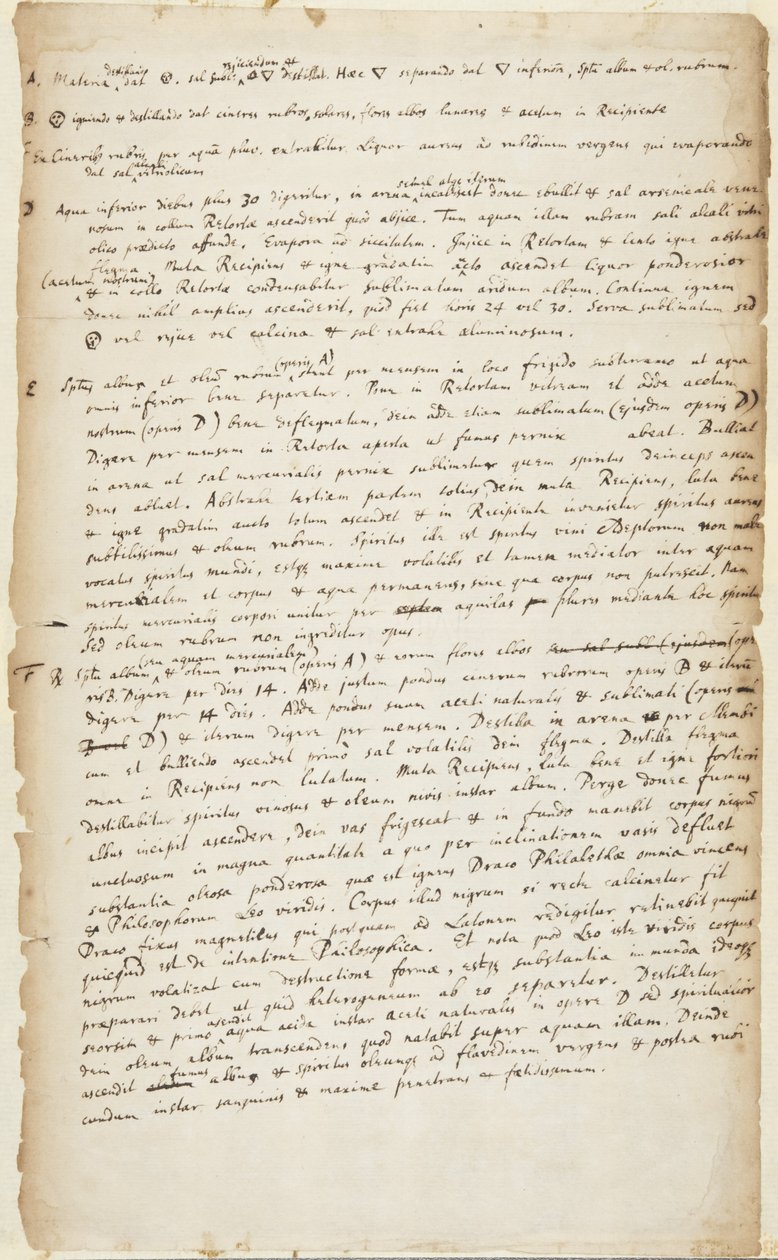 Tallenne kokeesta kuudessa vaiheessa alkaen tislauksesta, jota seuraa polttaminen, jatkotislaus, keittäminen, kalsinointi ja sublimaatio, n. 1700 tekijältä Isaac Newton
