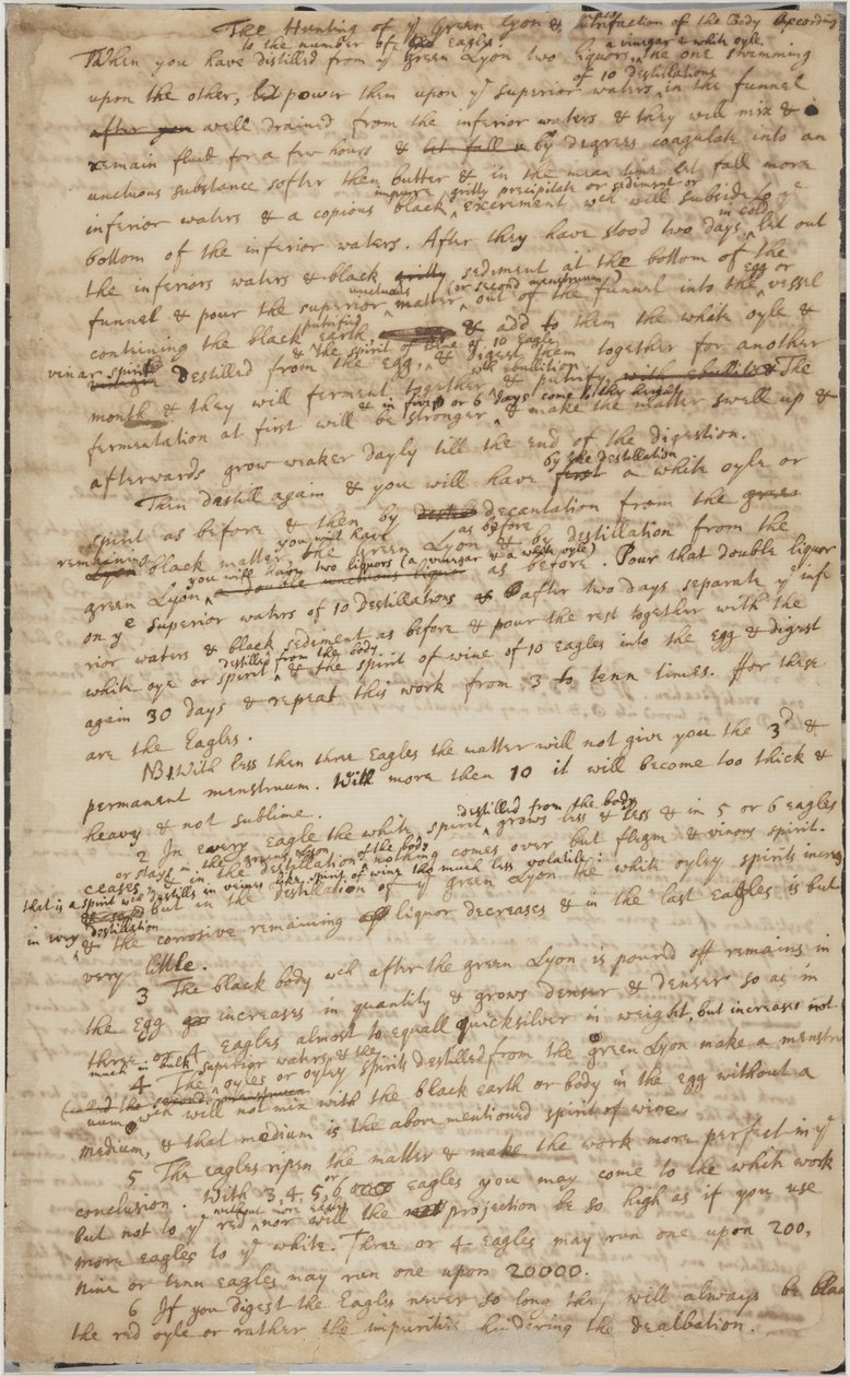 Vihreän Lyonin metsästys, recto, n. 1700 tekijältä Isaac Newton