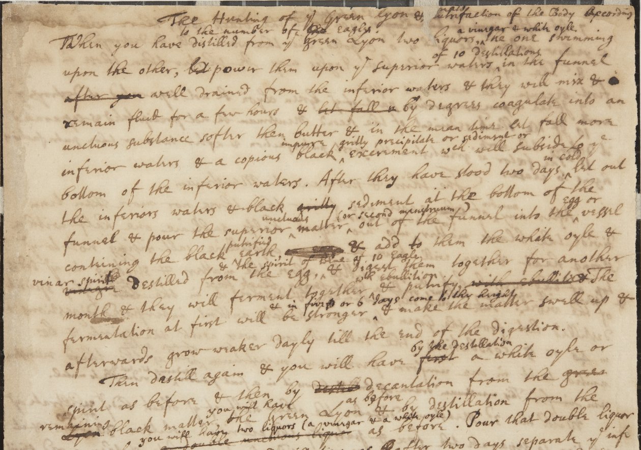 Vihreän Lyonin metsästys, recto, yksityiskohta, n. 1700 tekijältä Isaac Newton