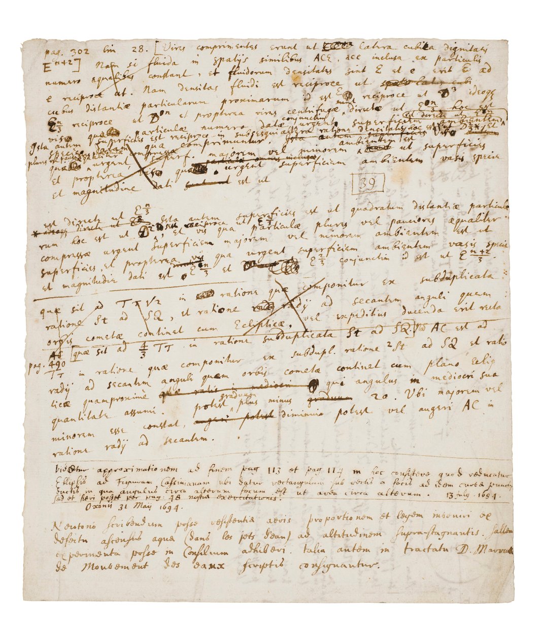 Kaksi sivua revisioita Principia Mathematicaan tekijältä Isaac Newton