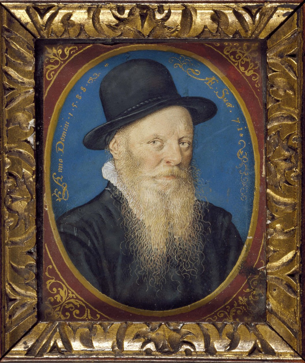 Vanhus mies mustassa hatussa, 1588 (öljy kortille) tekijältä Isaac Oliver