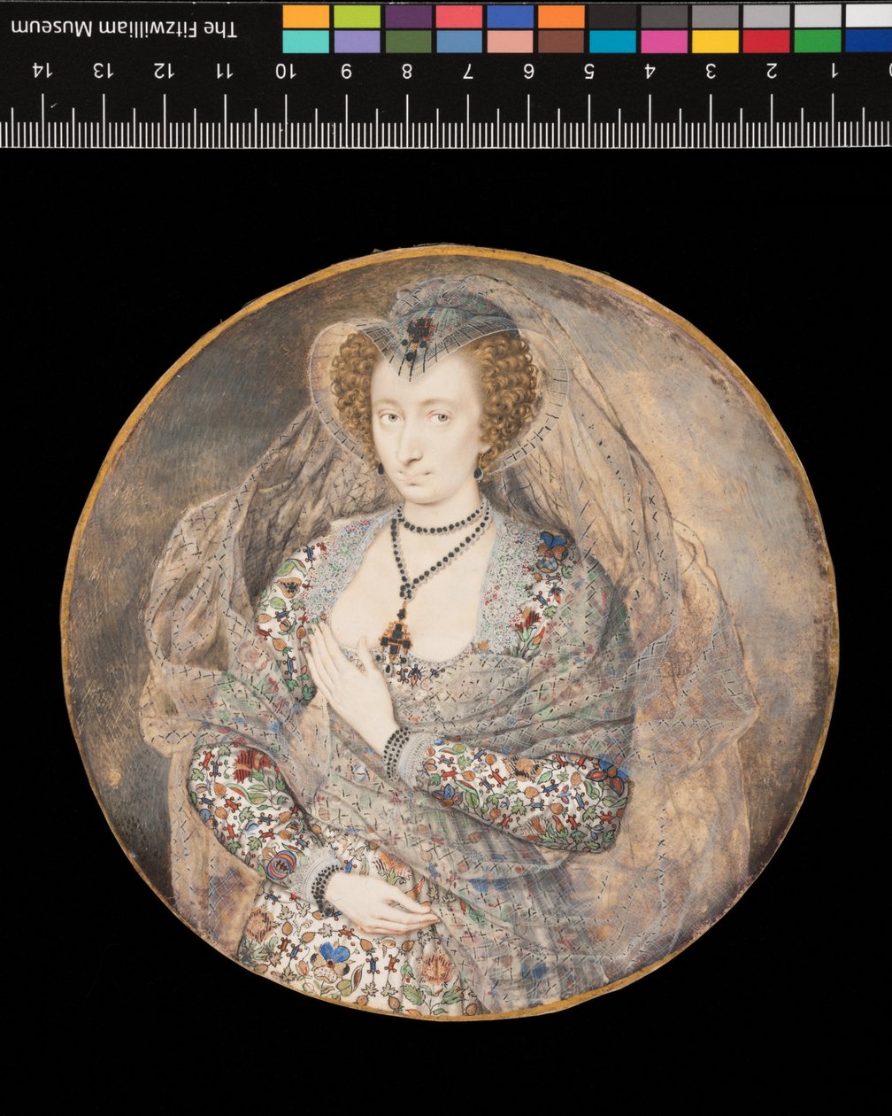 Miniatyyri. Tuntematon nainen. Lucy Harington, Bedfordin kreivitär (entinen titteli), noin 1605 (vartaloväri ja akvarelli kortille). tekijältä Isaac Oliver
