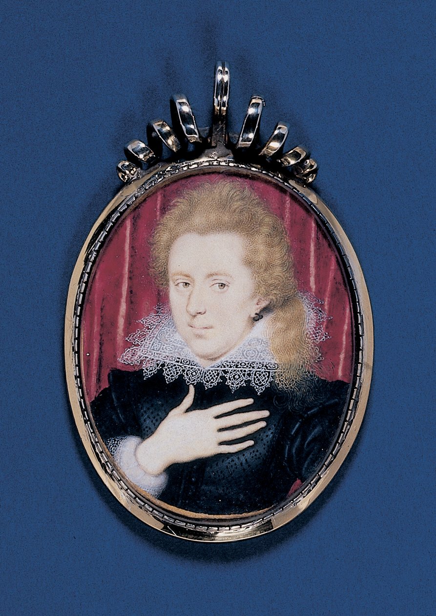 Nuoren herrasmiehen muotokuva, n. 1615 (akvarelli persukankaalla, hopeakullattu kehys) tekijältä Isaac Oliver