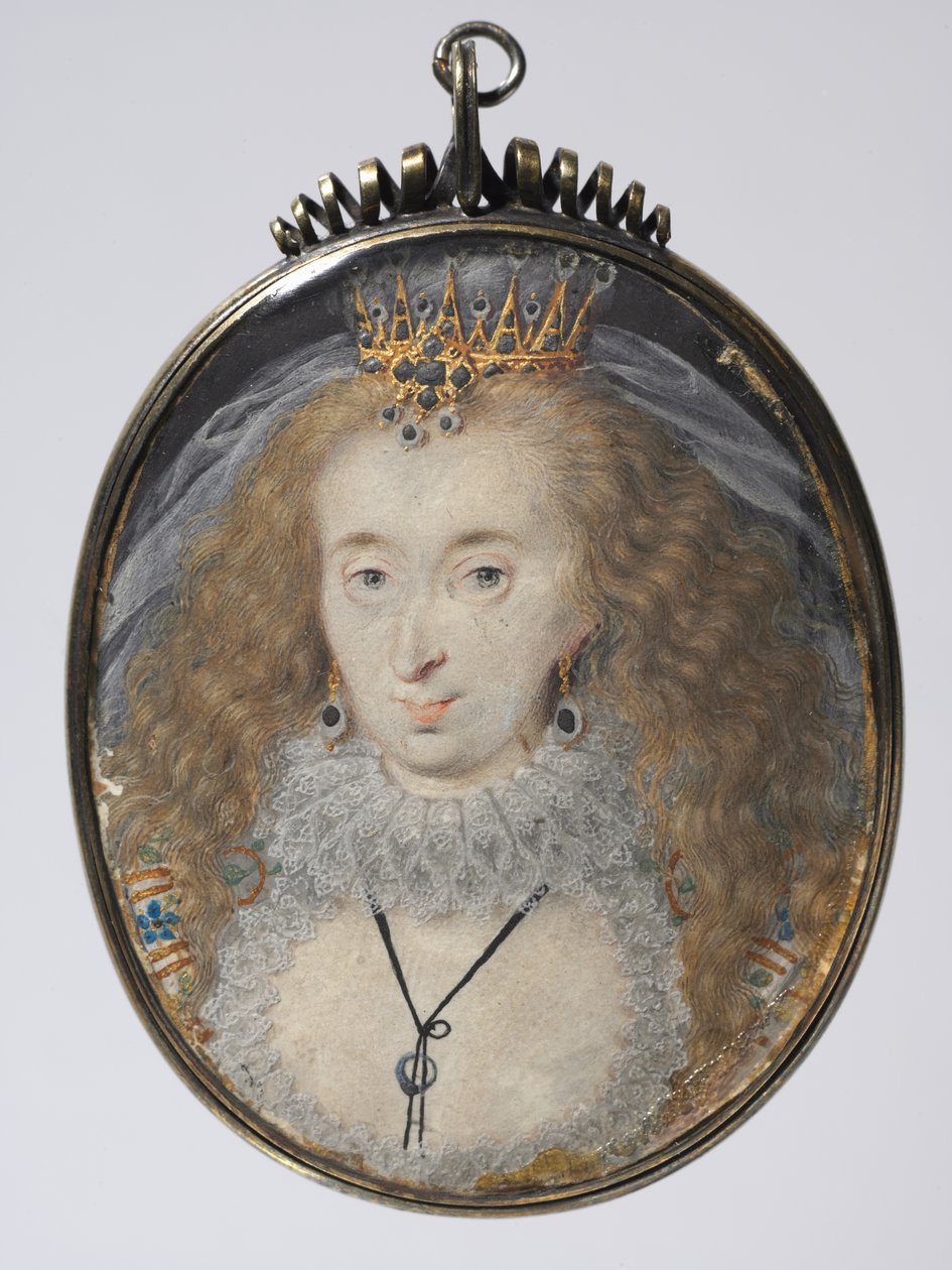 Lucy Russellin, Bedfordin kreivitär, muotokuva, n. 1608-1616 (akvarelli, kulta ja hopea, kullattu hopeakehys) tekijältä Isaac Oliver
