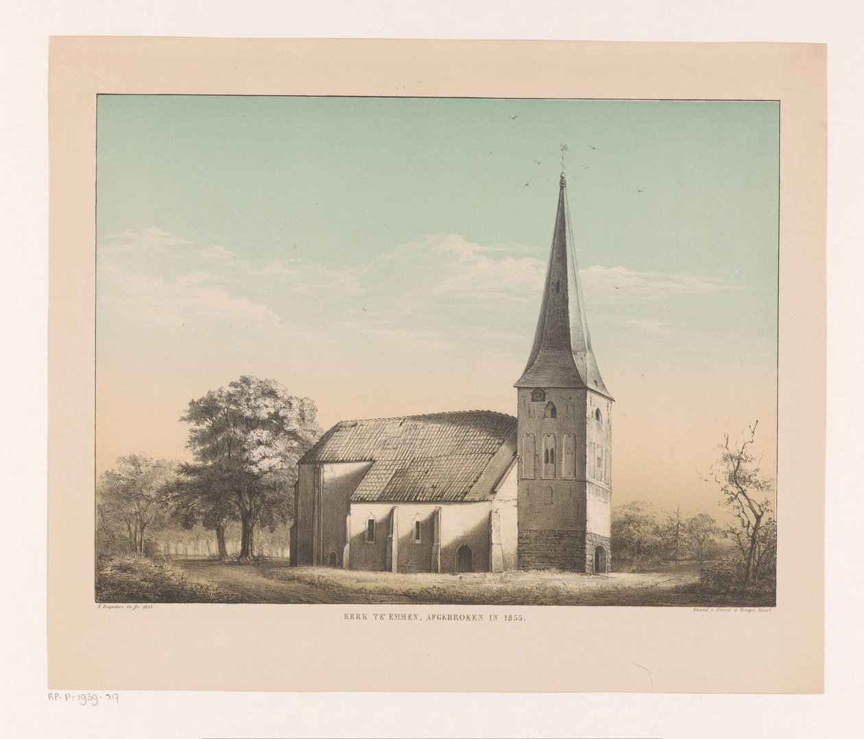 Näkymä Emmenin kirkolle Emmenin kirkko, purettu vuonna 1855 (otsikko esineessä) tekijältä Isaac Reijnders Sz.