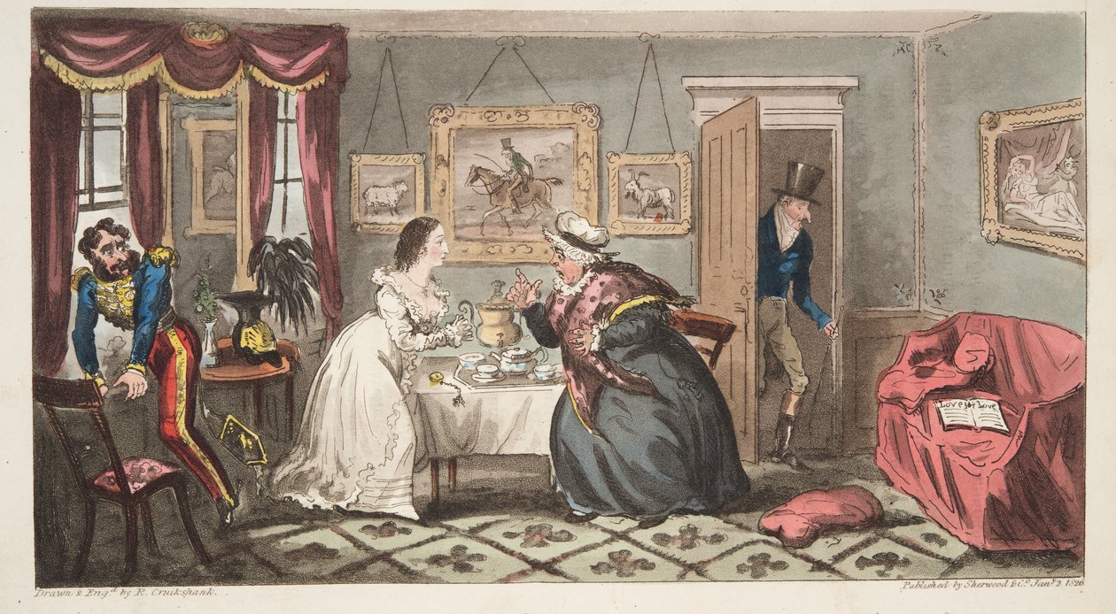 A Bath Beau ja Frail Belle tai herra B. ja neiti L. The English Spy -pubista. 1824 (käsinvärinen kaiverrus) tekijältä Isaac Robert Cruikshank