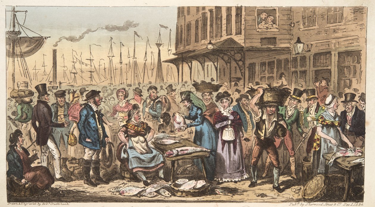 Frolic in High Life tai käynti Billingsgatessa, The English Spy, pub. 1824 (käsinvärinen kaiverrus) tekijältä Isaac Robert Cruikshank