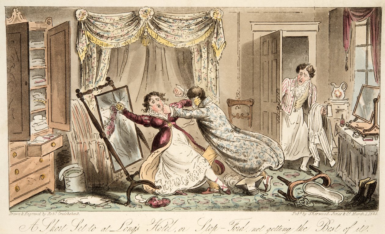 Lyhyt Set at Longs Hotel tai Stop-Ford ei saada paras siitä, alkaen Englanti Spy, pub. 1824 (käsin väritetty kaiverrus). tekijältä Isaac Robert Cruikshank