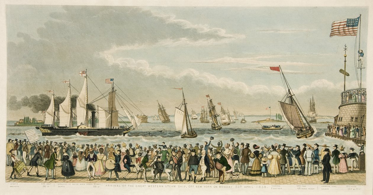 Great Western Steam -laivan saapuminen New Yorkin edustalle maanantaina 23. huhtikuuta 1838, pub. 1842 (käsin väritetty kaiverrus). tekijältä Isaac Robert Cruikshank
