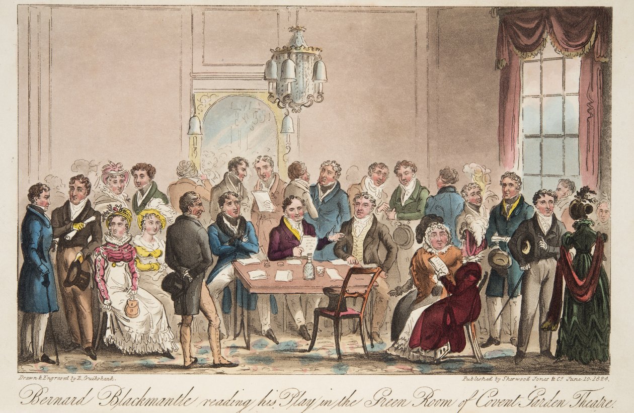Bernard Blackmantle lukee näytelmäänsä Covent Garden Theatrein Green Roomissa, pubista The English Spy. 1824 (käsinvärinen kaiverrus) tekijältä Isaac Robert Cruikshank