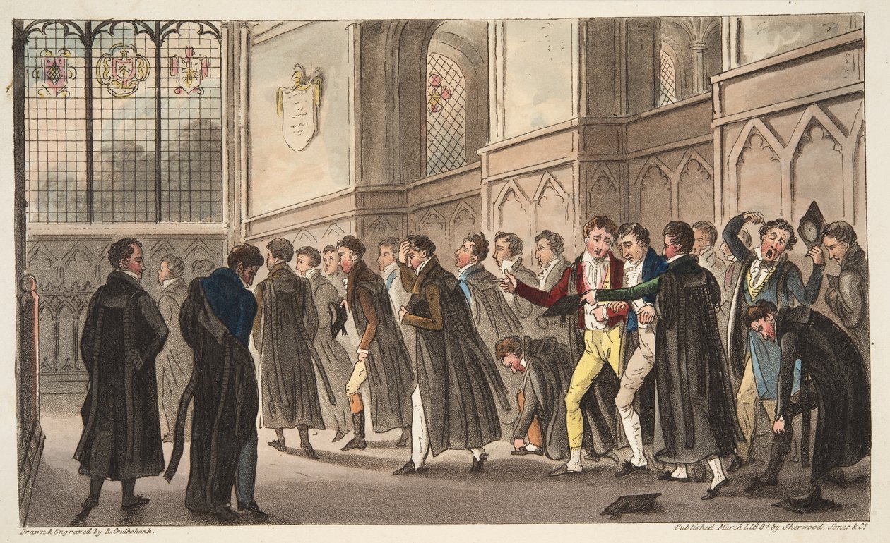 Black Matins, or the Effects of Late Drinking upon Early Risers, kirjasta The English Spy, pub. 1824 (käsin väritetty kaiverrus) tekijältä Isaac Robert Cruikshank