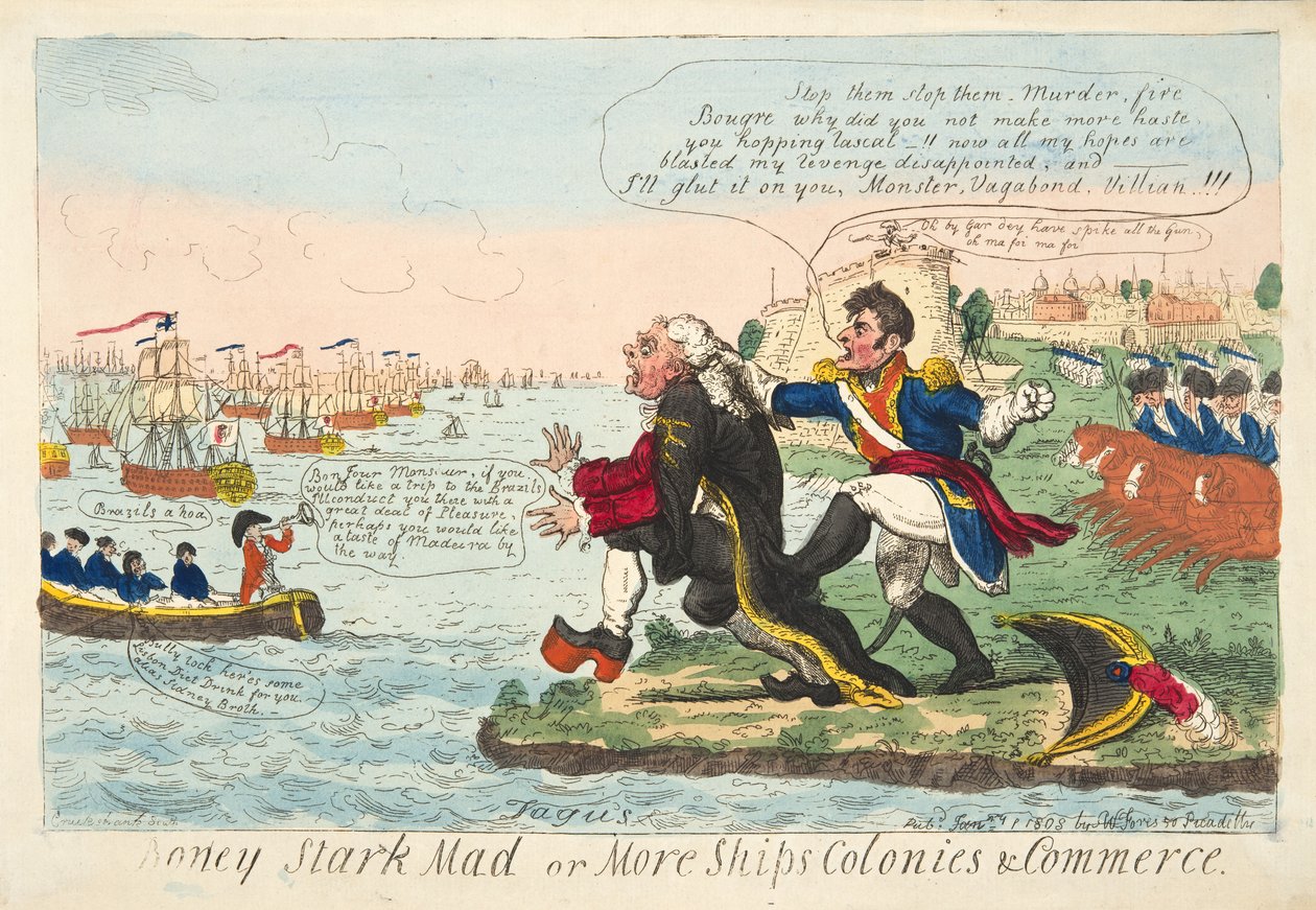 Boney Stark Mad or More Ships Colonies & Commerce, pub. 1808 (käsin väritetty kaiverrus) tekijältä Isaac Robert Cruikshank