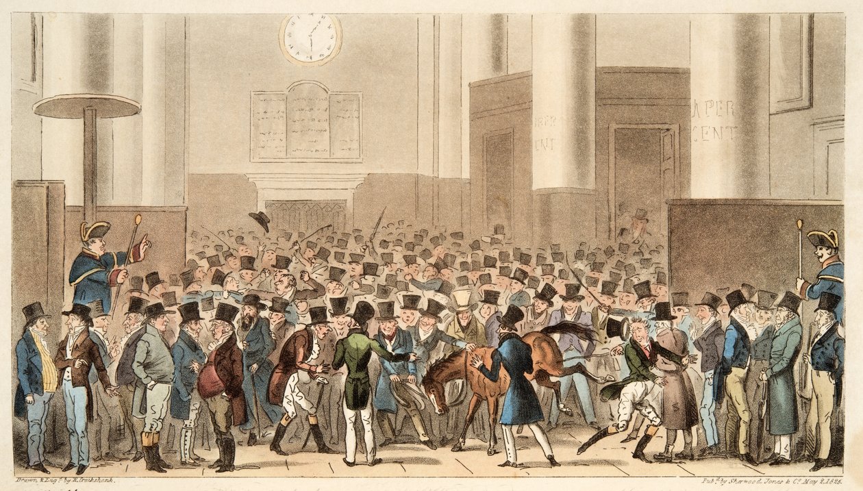 Bulls and Bears in High Bustle, tai Billy Wrights Poney made a Member of the Stock Exchange, kirjasta The English Spy, pub. 1824 (käsin väritetty kaiverrus). tekijältä Isaac Robert Cruikshank