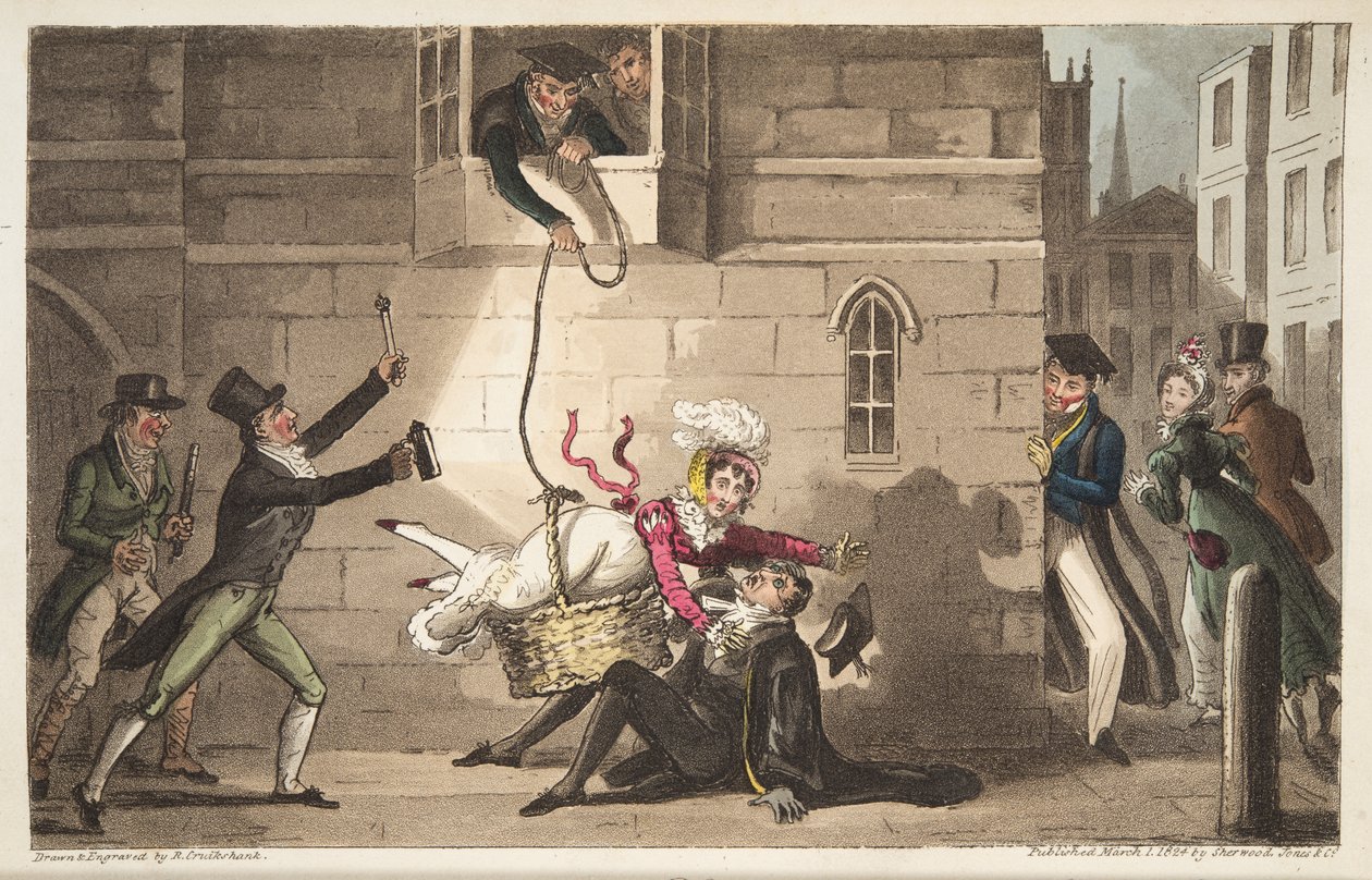 Proctorin tai Oxford Bull -koirien päättäminen, jotka havaitsevat röyhkeitä salakuljettajia, The English Spy -julkaisusta, julkaistu Lontoossa, 1824 (käsinvärinen kaiverrus) tekijältä Isaac Robert Cruikshank