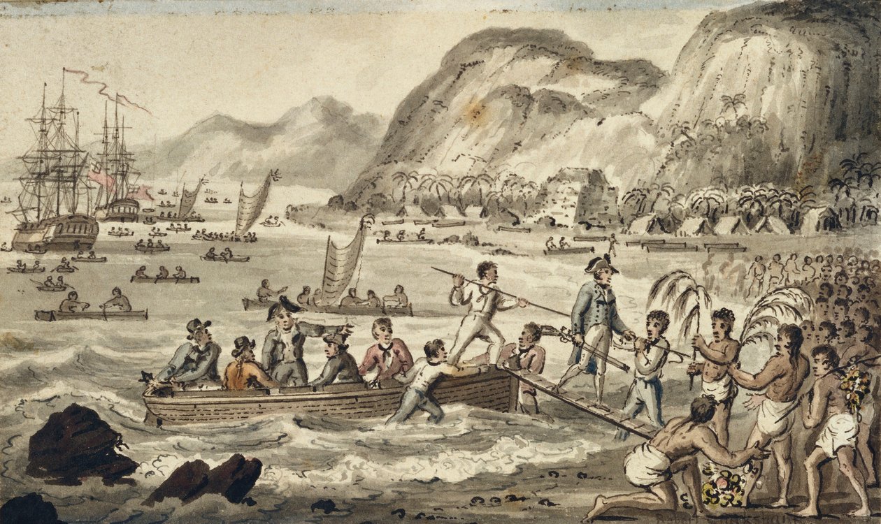 Kapteeni Cook laskeutuu Owyheeen, kuva elokuvasta "The Voyages of Captain Cook" tekijältä Isaac Robert Cruikshank