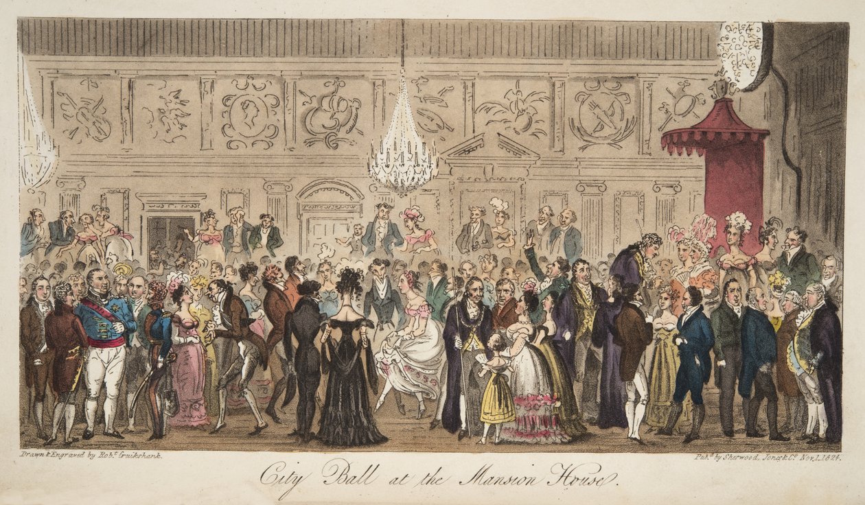 City Ball Mansion Housessa, The English Spy -pubista. 1824 (käsinvärinen kaiverrus) tekijältä Isaac Robert Cruikshank