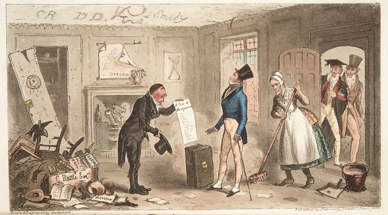 College Comforts, fuksi, joka ottaa huoneet haltuunsa, The English Spy -pubista. 1824 (käsinvärinen kaiverrus) tekijältä Isaac Robert Cruikshank