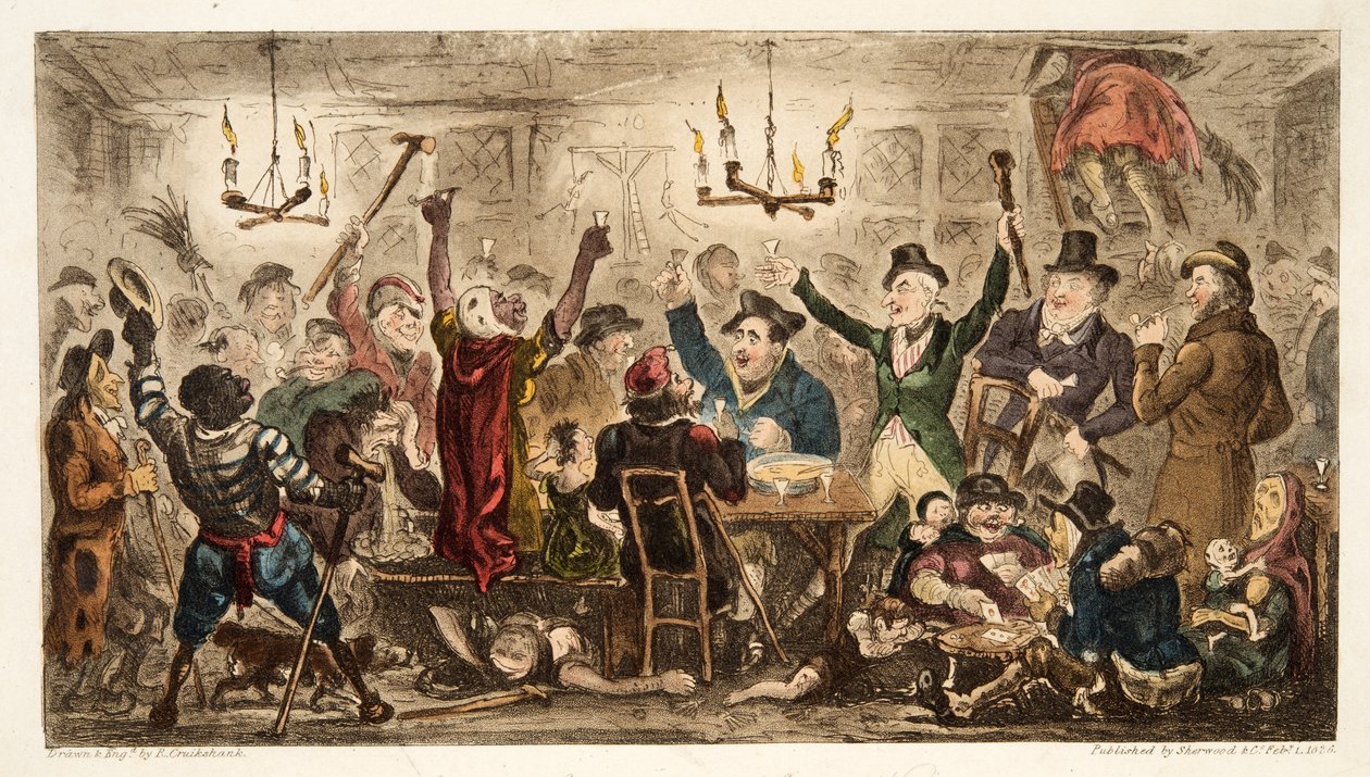 Courtiers Carousing in a Cadgers Ken, The English Spy, pub. 1824 (käsinvärinen kaiverrus) tekijältä Isaac Robert Cruikshank