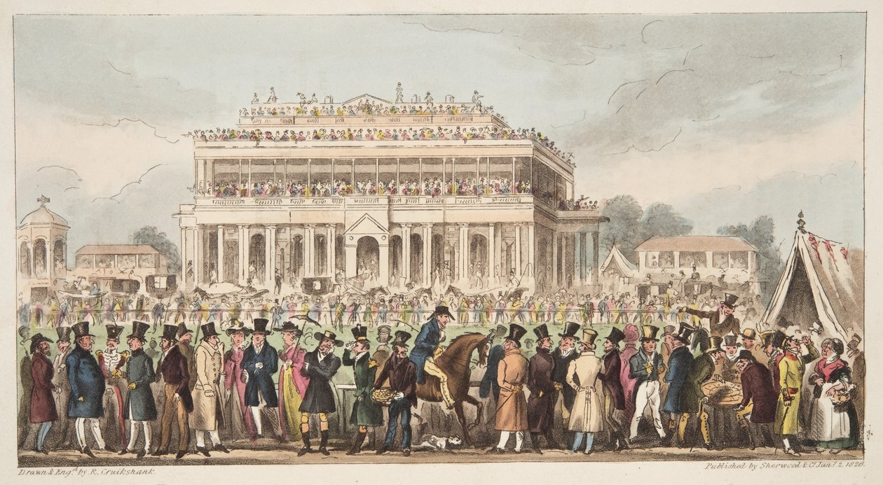 Doncasterin kilparata Great St. Leger Race -kilpailun aikana, 1824, julkaisusta The English Spy, pub. 1824 (käsin väritetty kaiverrus) tekijältä Isaac Robert Cruikshank