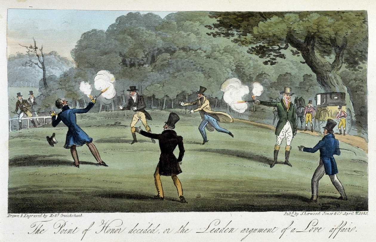 Kaksintaistelu pistoolilla sydämen asiasta - Charles Molloy Westmacottin teoksessa ”The english spy”, ill. Kirjailija: Robert Cruikshank, Lontoo tekijältä Isaac Robert Cruikshank