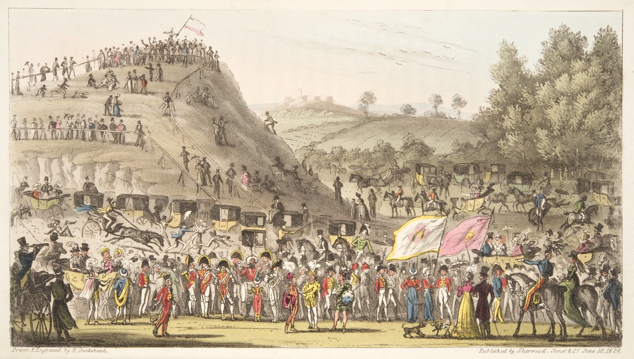Eton Montem ja Mount, Salt Hill, The English Spy -pubista. 1824 (käsinvärinen kaiverrus) tekijältä Isaac Robert Cruikshank