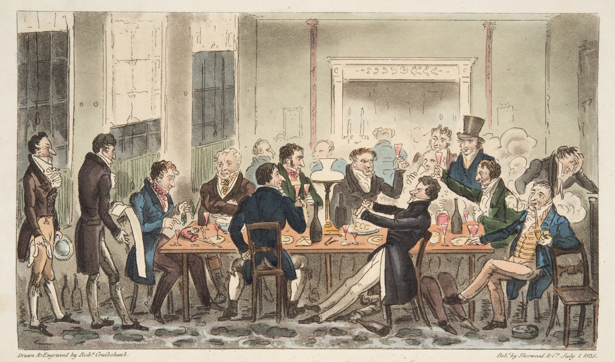 Ilta ja High Spirits, kohtaus Longs Hotelissa, Bond Street, pubista The English Spy. 1824 (käsinvärinen kaiverrus) tekijältä Isaac Robert Cruikshank
