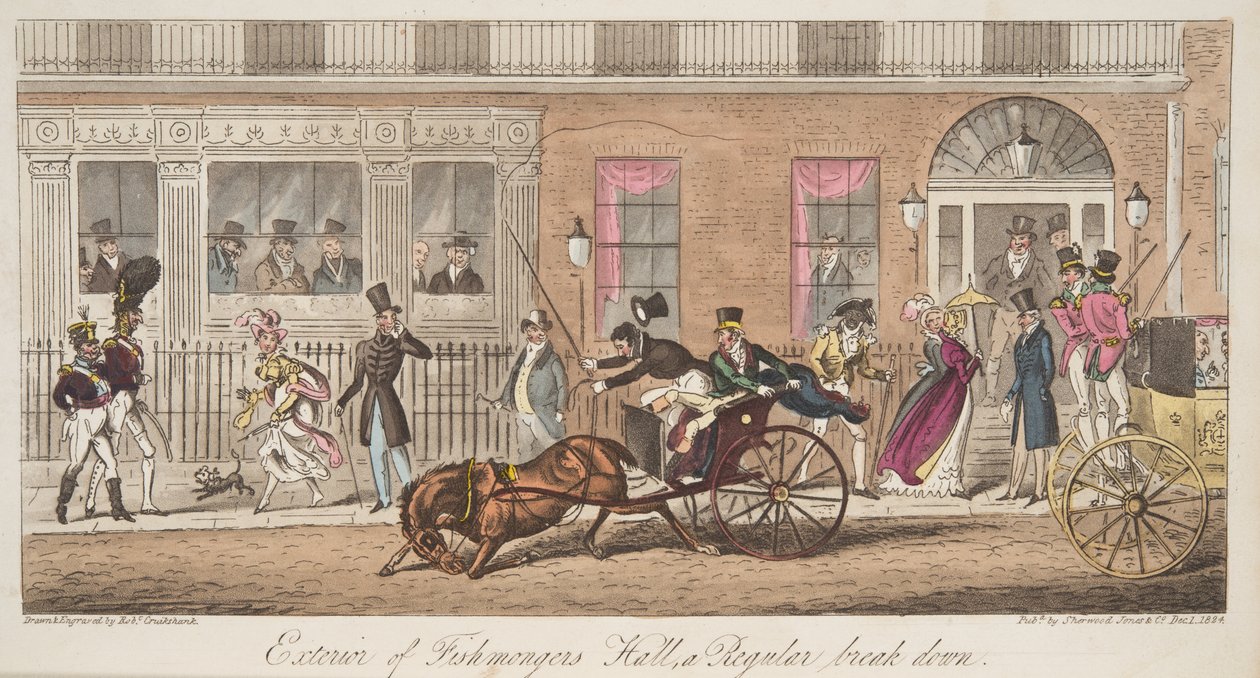 Fishmongers Hallin ulkopuoli, St James Street, josta on näkymä säännölliseen erittelyyn, pubista The English Spy. 1824 (käsinvärinen kaiverrus) tekijältä Isaac Robert Cruikshank