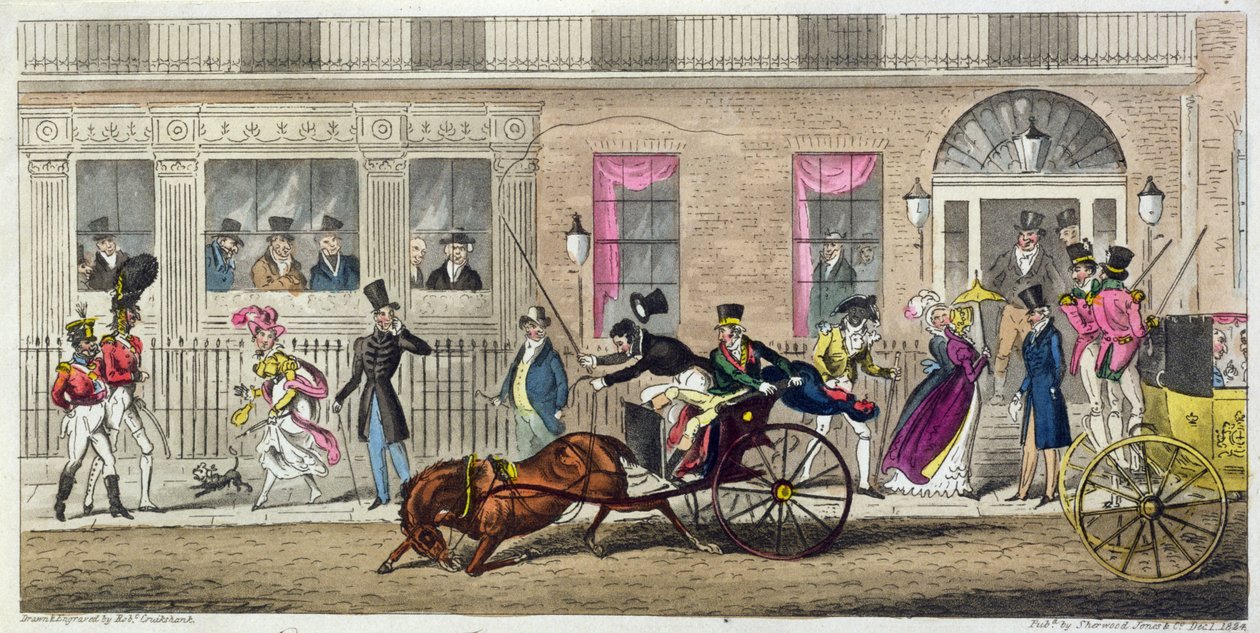 Kalakauppiaiden hallin ulkotila, säännöllinen hajoaminen, 1824 (akvatintta) tekijältä Isaac Robert Cruikshank