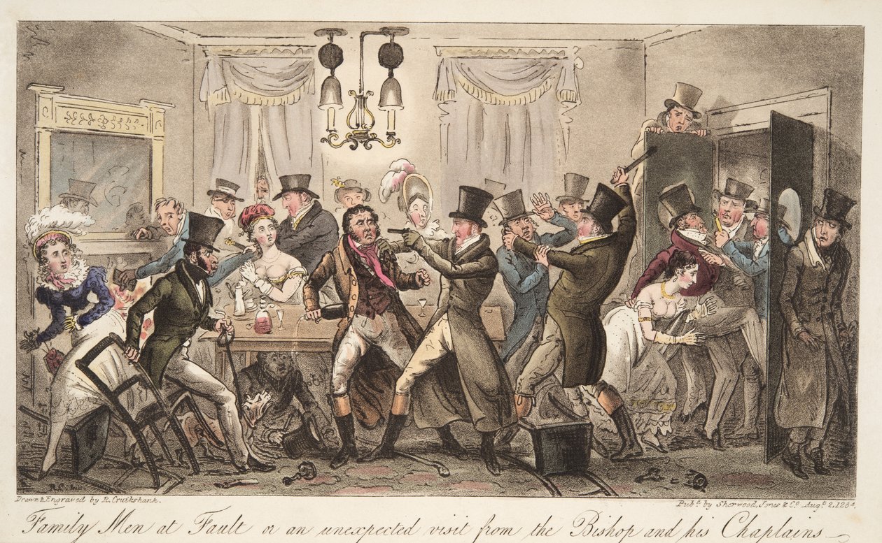 Perhemiehet syyllistyneet, tai piispan ja hänen kappalaistensa odottamaton vierailu, Englannin vakooja, pub. 1824 (käsinvärinen kaiverrus) tekijältä Isaac Robert Cruikshank