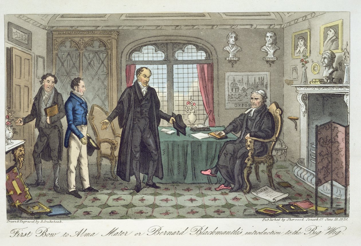 Ensimmäinen kumarrus Alma Materille eli Bernard Blackmantlen johdatus isoon peruukkiin Charles Molloy Westmacottin (1788-1868) Lontoossa vuonna 1825 julkaistusta Englannin vakoojasta. tekijältä Isaac Robert Cruikshank