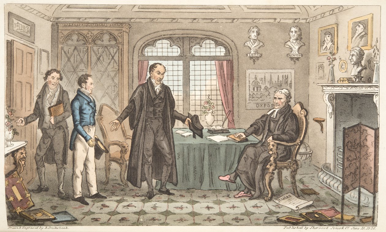 Ensimmäinen kumarrus Alma Materille, eli Bernard Blackmantlesin esittely isoon peruukkiin, The English Spy -julkaisusta, julkaistu Lontoossa, 1824 (käsinvärinen kaiverrus) tekijältä Isaac Robert Cruikshank