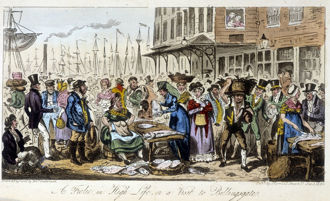Kalamarkkinat Lontoossa - Charles Molloy Westmacottin teoksessa "The English Spy", piirustus Robert Cruikshank, London Edition tekijältä Isaac Robert Cruikshank