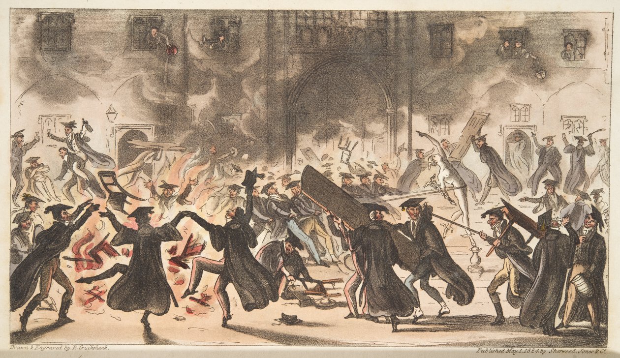 Flooring of Mercury tai Burning of the Oaks, The English Spy, pub. 1824 (käsinvärinen kaiverrus) tekijältä Isaac Robert Cruikshank