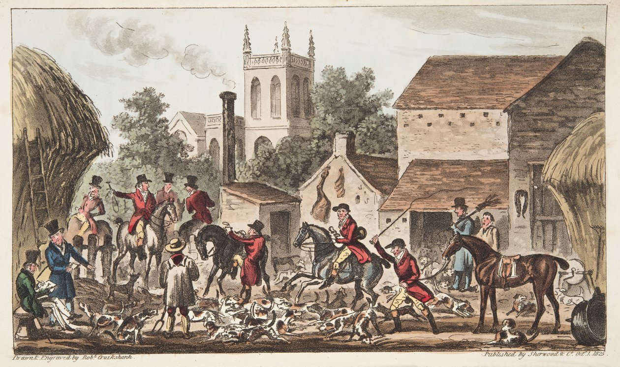 Mennä ulos; Näkymä Berkeley Hunt Kennelistä, The English Spy -julkaisusta 1824 (käsinvärinen kaiverrus) tekijältä Isaac Robert Cruikshank